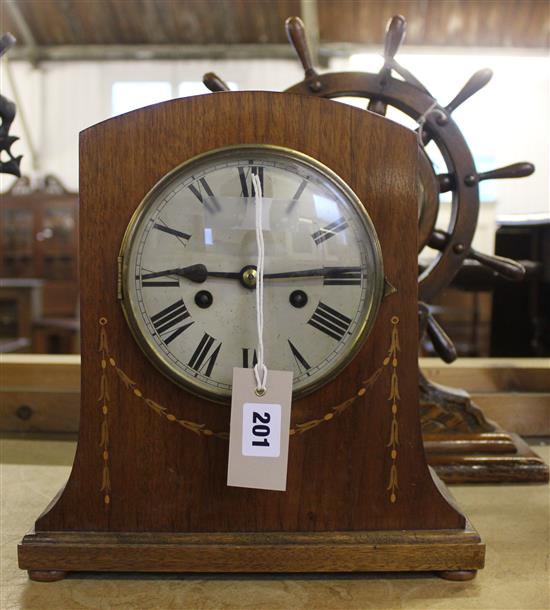 Oak ships wheel clock/barometer & an Edwardian inlaid oak mantel clock